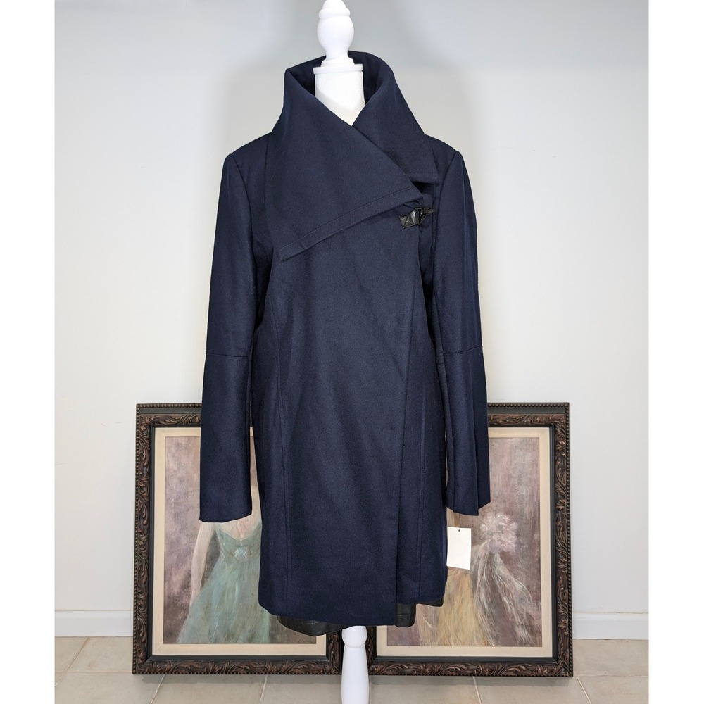 Sam Edelman XL Wool Blend Asymmetrical Collar Long Coat Dark Blue NWOT
